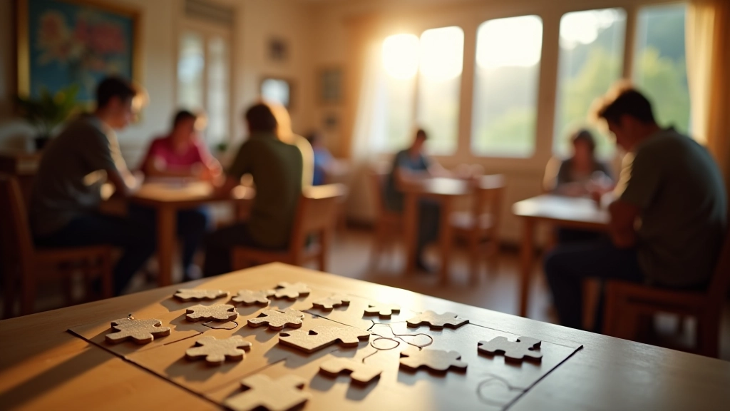 Wide shot of bright community room with multiple tables set up for puzzle work, windows with natural light, people gathered in background
