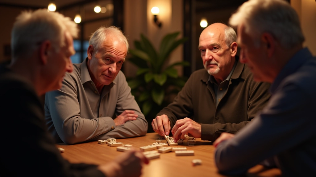 Group of mature adults gathered around a wooden table playing dominoes together in a warm café setting with evening lighting